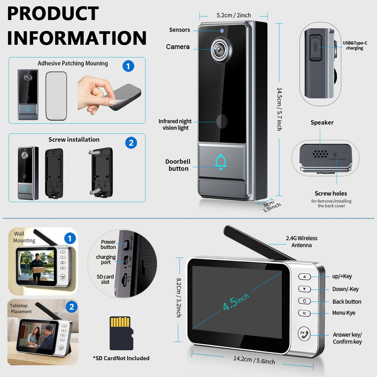 XBIBI video doorbell no subscription 4. 3' Display Screen Video Doorbell Camera with Video Two-Way Audio, RF Security, Night Vision, Perfect for Home & Commercial Use, Commercial, No Subscription, No APP, No WiFi