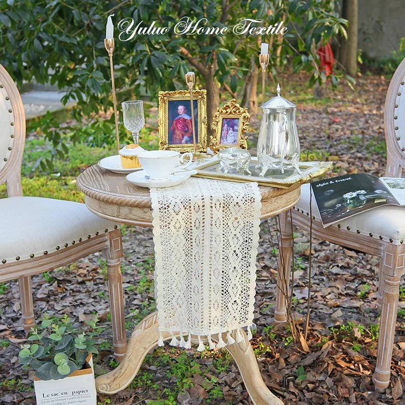 Table Runner Beige Christmas Crochet Lace Cotton Blended Fabric with Tassel For Coffee Table Decor Wedding Decoration