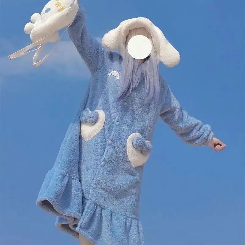 Sanrio New Autumn Winter New Bath Robe Kawaii Soft Girl Cinnamoroll Sleepwear Japanese Blue Home Hooded Pajamas Bathrobe Women