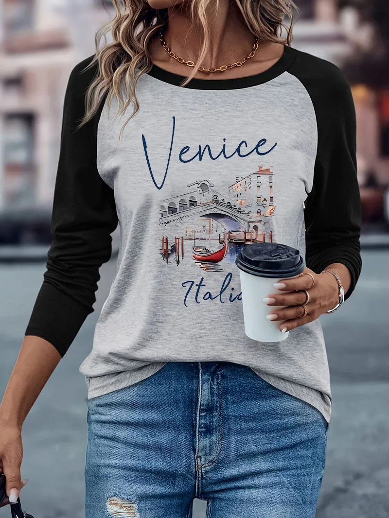 Langärmeliges Retro-Vintage-T-Shirt mit Italien-Print, Lässiges Langarm-T-Shirt, Trendiges Winter-Herbst-Grafik-T-Shirt, Weiches, Lockeres Damen-T-Shirt – Detail 4
