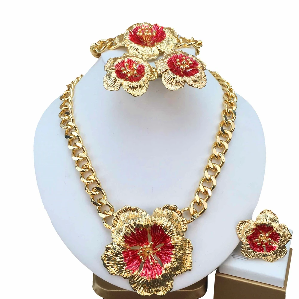 Hot Sale Dubai Gold Plated Jewelry Set Flower Style Big Chain Necklace for Women Mama Gifts FHK16271