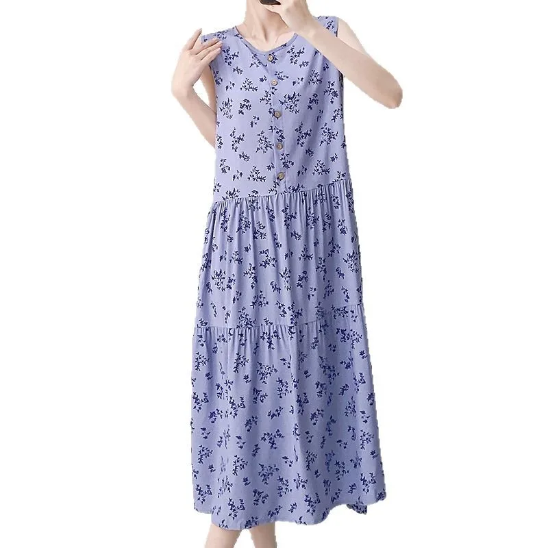 فستان نوم نسائي طويل مطبوع عليه زهور، ملابس نوم صيفية جديدة بدون أكمام، ملابس نوم فضفاضة، ملابس منزلية غير رسمية