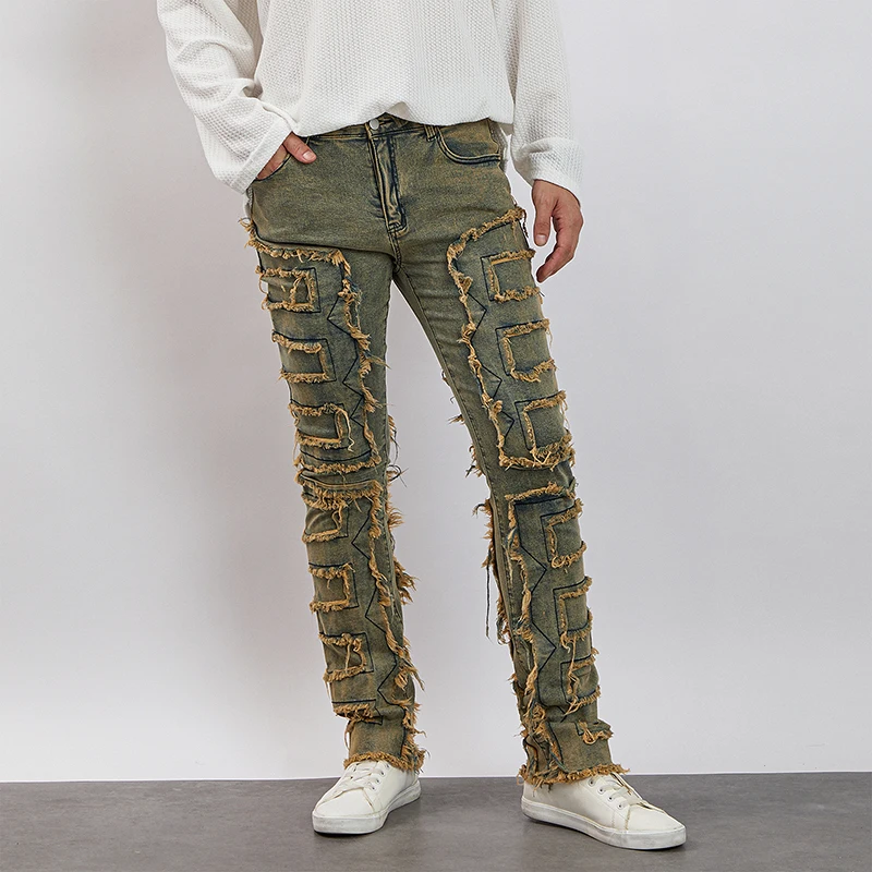 

Men'S Tight Pants With Retro Patches Worn Jeans Spring and Autumn Elastic Patch Fabric Jeans Casual Tight Pants With Pockets