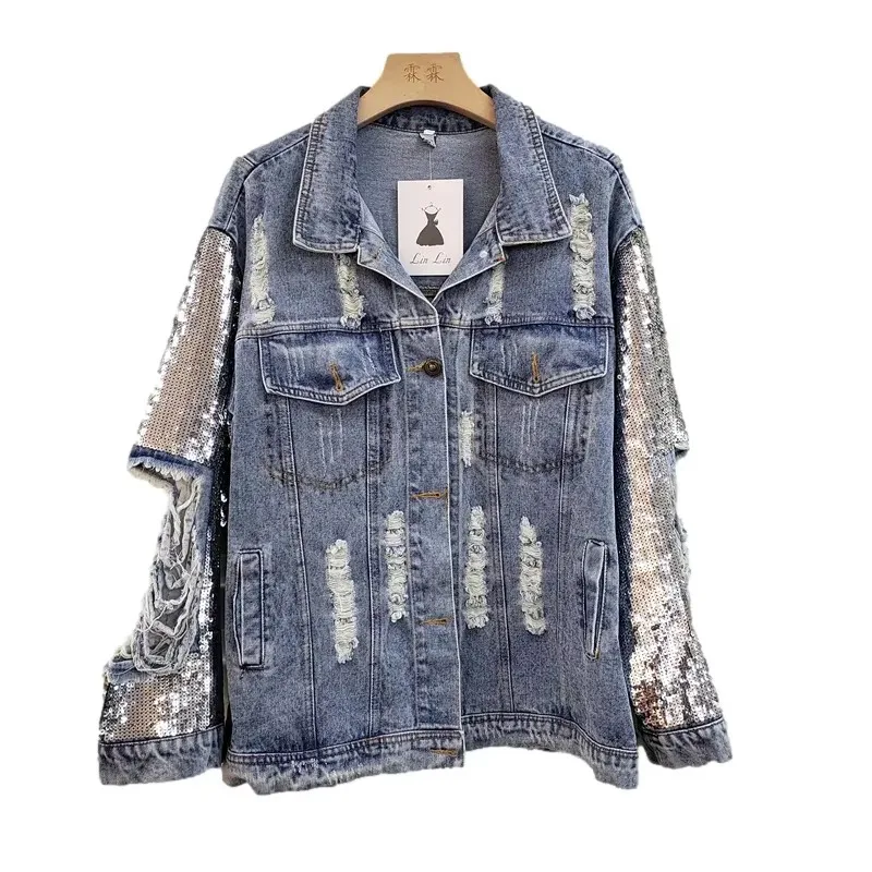 Heavy Work Sequins Blue Denim Jacket Frayed Hole Long Sleeve Loose Casual 2026 Spring Women Lapel Single-breasted Cowboy Outwear