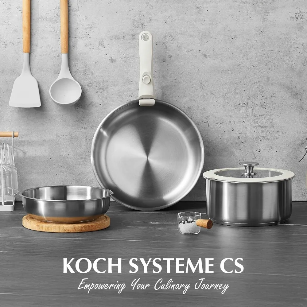 KOCH SYSTEME CS Stainless Steel Detachable Handle Set 7 Piece 2QT Saucepan 8 10 Inch Frying Pan Induction Gas Compatible