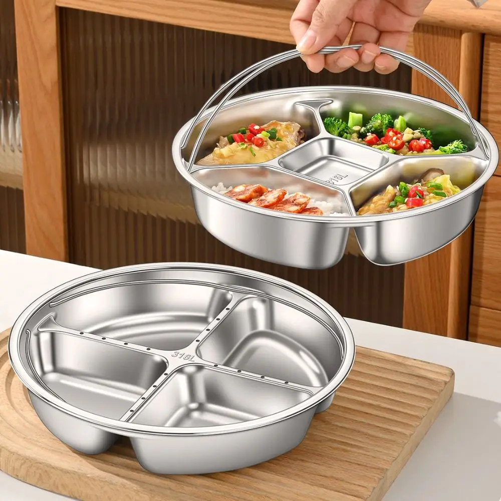 

Reusable 316 Stainless Steel Divided Steamer Tray with Handle Anti-Scald Food Steamer 3/4/5 Grids Divided Meal Tray