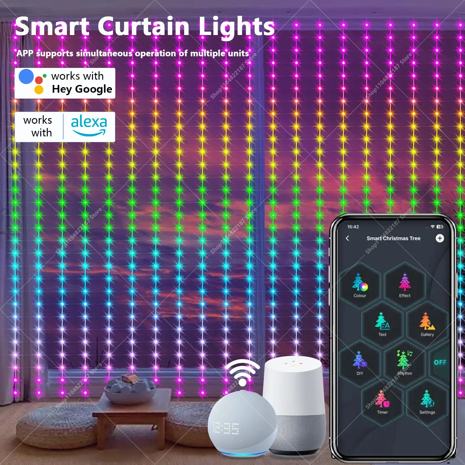 スマートledカーテンライト-rgbライトストリング-アプリ制御-防水-diyフェアリーライト-usbプラグ-テキストパターン-パーティー-部屋の装飾用