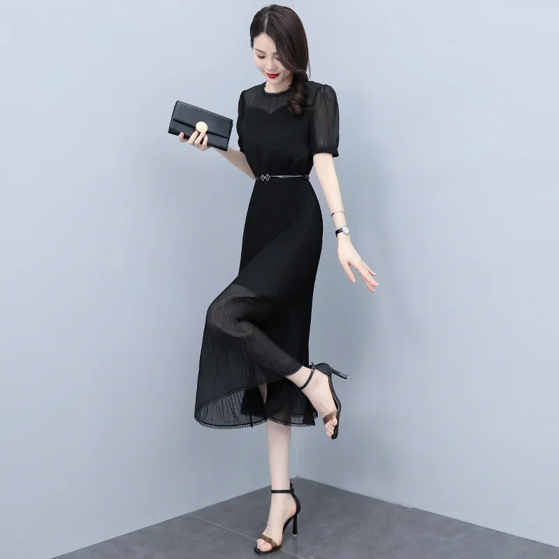 

Black Chiffon Dresses Women Summer Belt Slim Fit Slim Stunning Long Dress Stitching Short Sleeve Pleated Round Neck OL Clothing