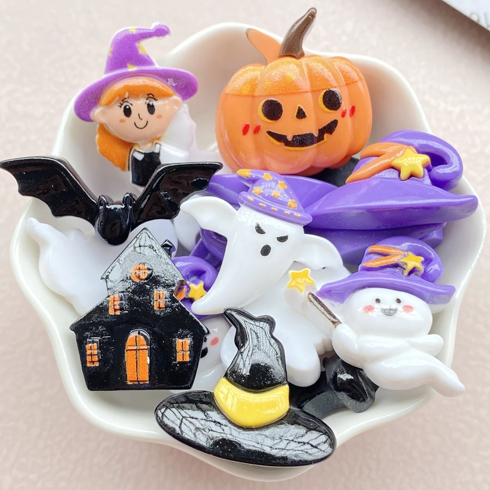 10Pcs New Cute Resin Cartoon Halloween Ghost, Pumpkin Series Flat Back Scrapbooking DIY Jewelry Craft Decoration Accessories