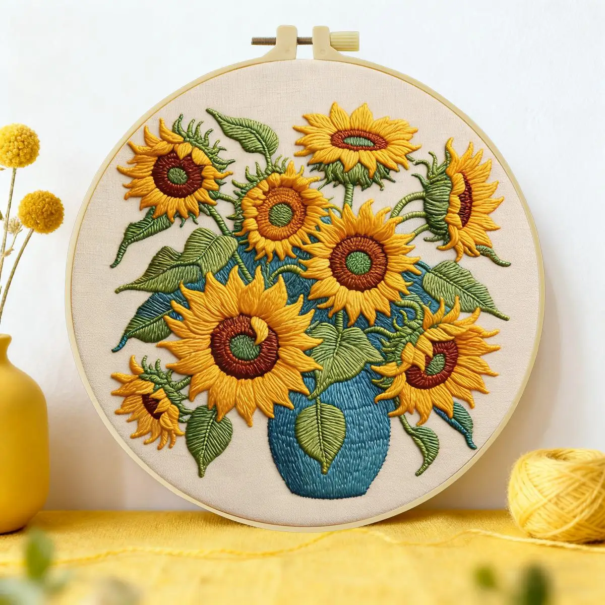 1 Stück 20X20CM/15X15CM 7,87/6,3 Zoll Sonnenblumen-Vase Stickerei-Starter-Kit DIY-Kit DIY-Stickerei-Set Handarbeiten Heimdekoration – Detail 1