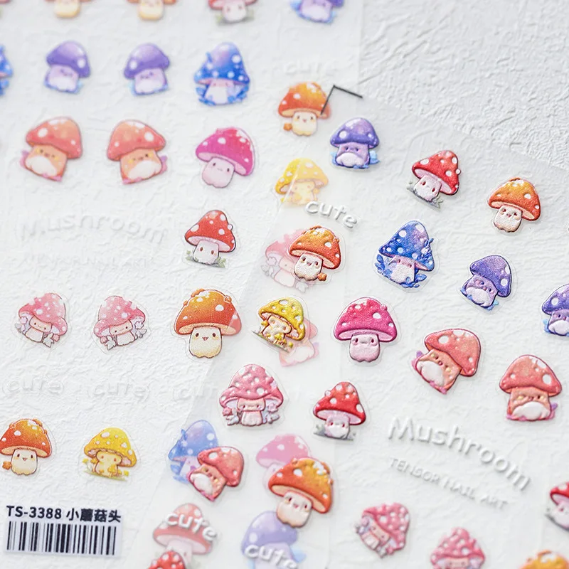 1pcs 5D Relief Nail Sticker Kawaii Mushroom Embossed Cartoon Self Adhesive Slider Press On Nails DIY Nail Art Decorations Decals