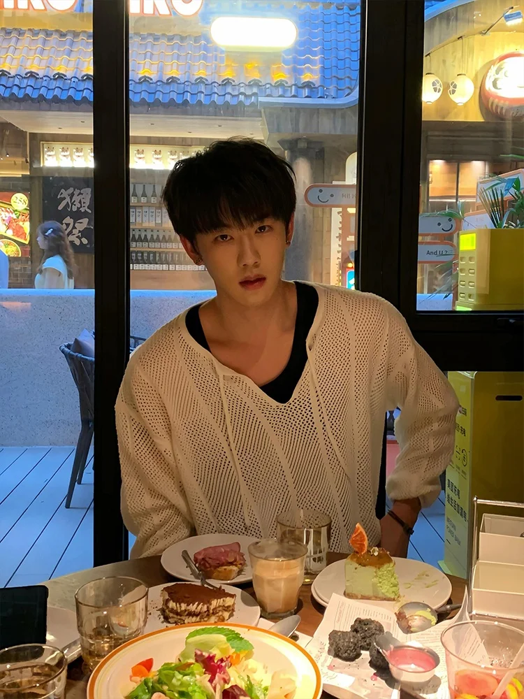 

Мужская свободная трикотажная футболка с длинным рукавом, ажурная, с V-образным вырезом, повседневная, весна-осень, высококачественная, из полиэстера, верхняя одежда