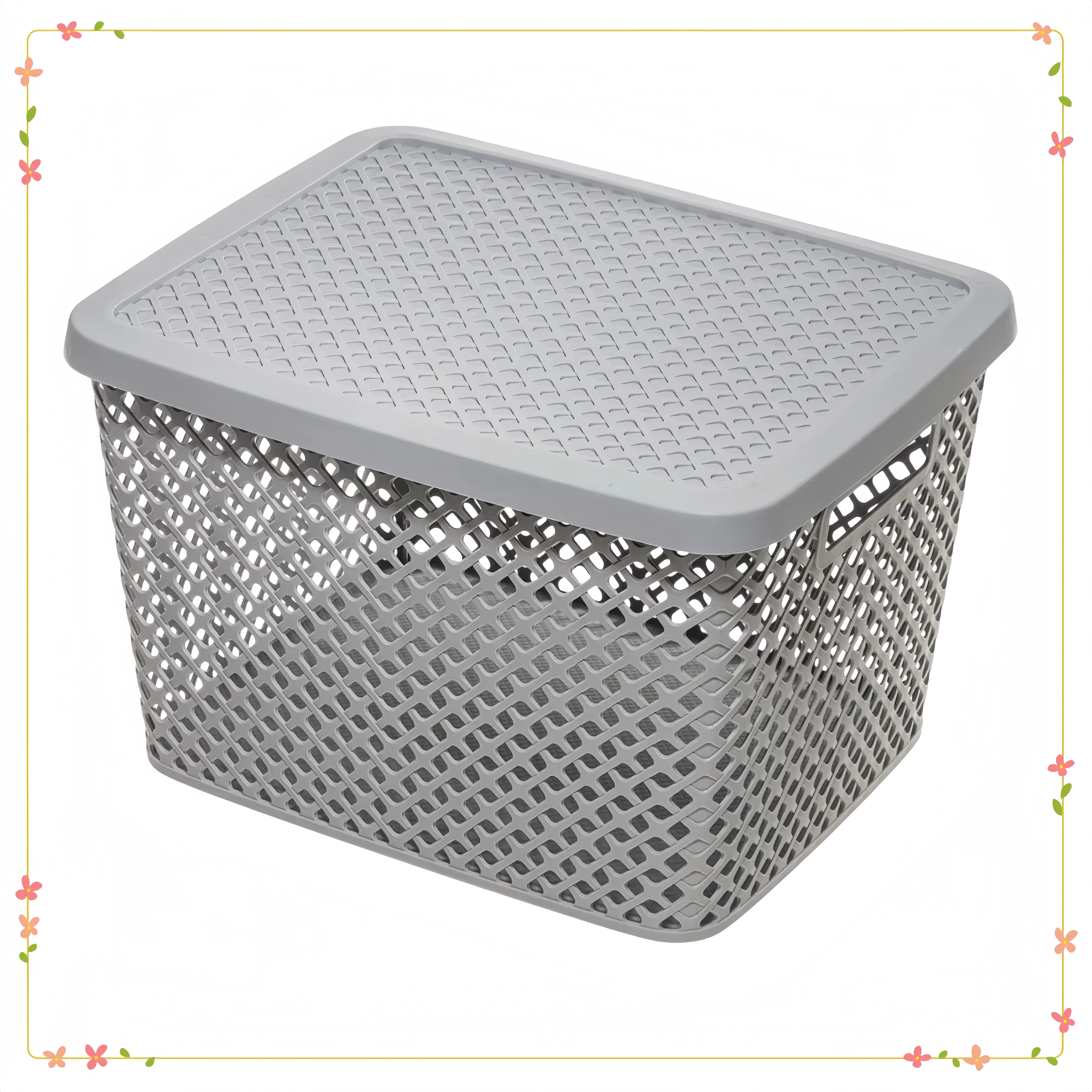 Extra Large Gray Plastic Storage Basket with Lid, Decorative Organizer Bin for Blankets, Toys, Clothes, Home Decor