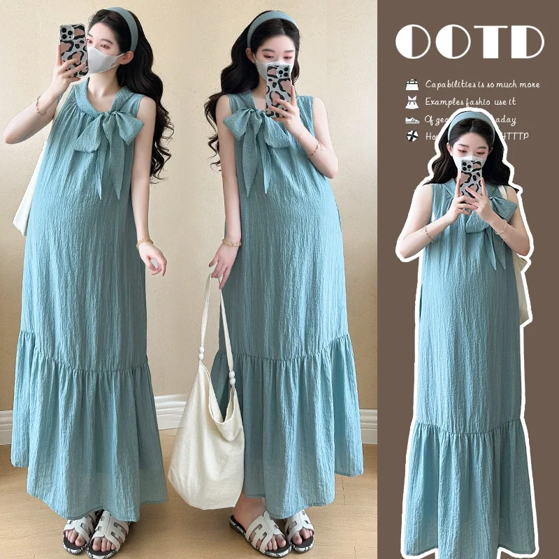 

Pregnancy Summer Wear French Inspired Bow Accent Aqua Blue Sleeveless A Line Gown Stylish Maternity Comfortable Dress