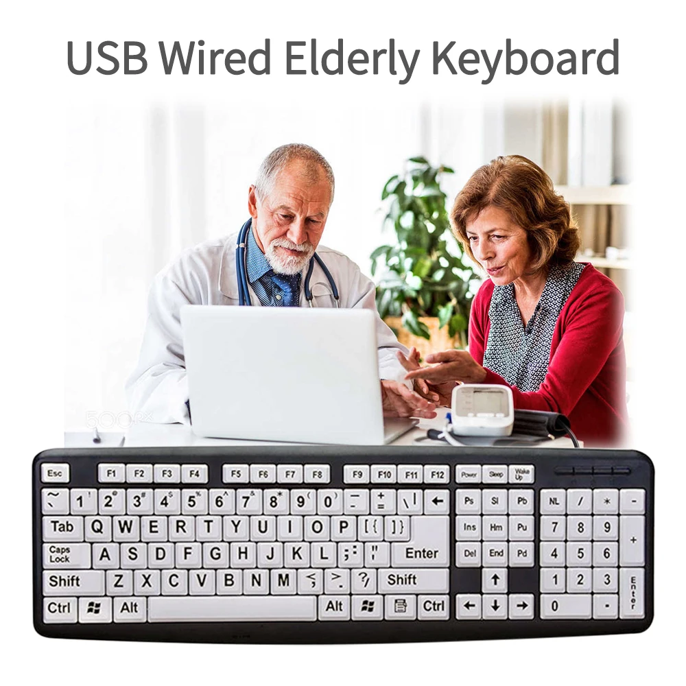 104Key USB Wired PC Computer Keyboard High Contrast Large Print White Keys Black Letter for Old People Visual Impairments People