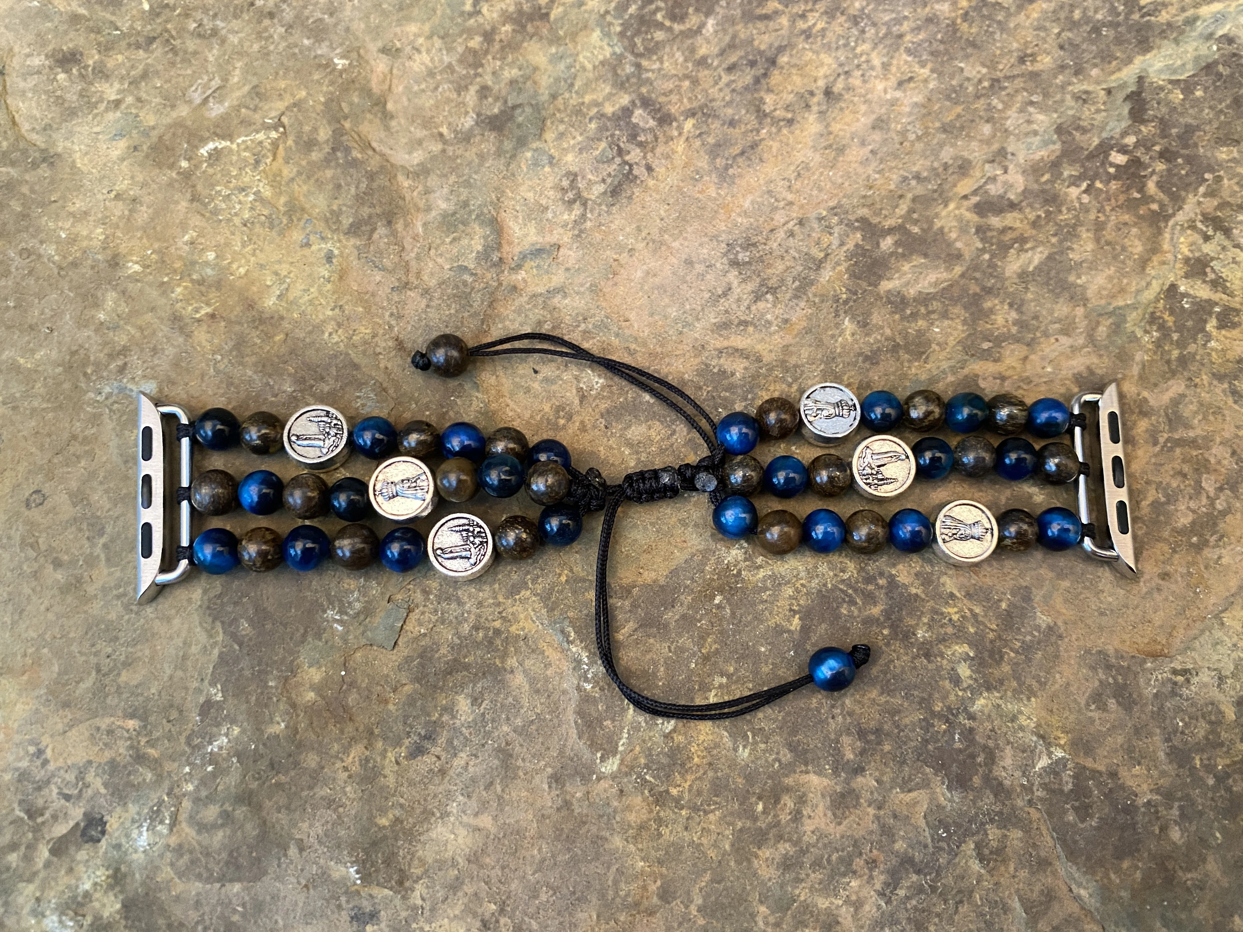 Natural Stone Blue Tiger Eye Onyx and Our Lady of Fatima Beaded Apple Watch Armband 38-45mm Apple Watch Strap Women Iwatch Band