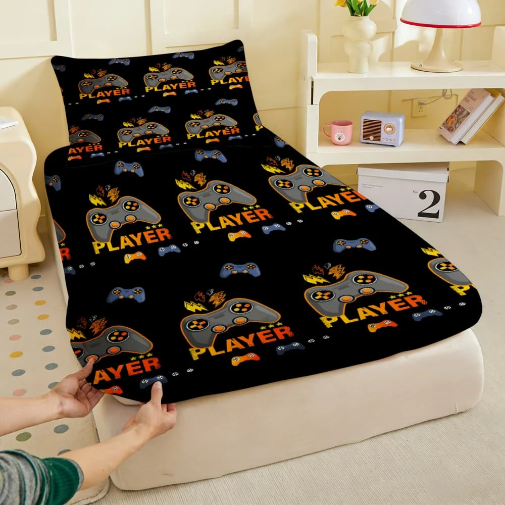 1pc Retro Video Game Controller Print Fitted Sheet Deep Pocket Elastic Mattress Cover Single Double Queen King Bedroom Decor