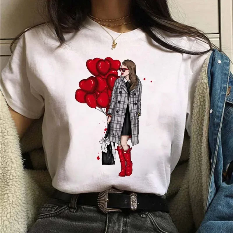 Camiseta estampada com balão vermelho feminino, camiseta com decote em O, manga curta, casual, fofa, moda feminina, nova