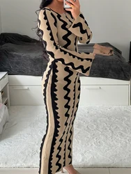 Trendix Vintage Striped Print Dress Femme High Waist Fashion Long Sleeve Maxi Dresses Street Casual Vacation Elegant Dress Women