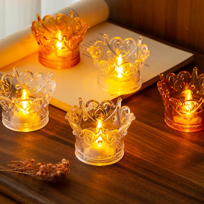 LED Electronic Candle Light Transparent Crown Night Light Small Tea Wax Crystal Lamp Creative Birthday Gift Home Decor Ornament