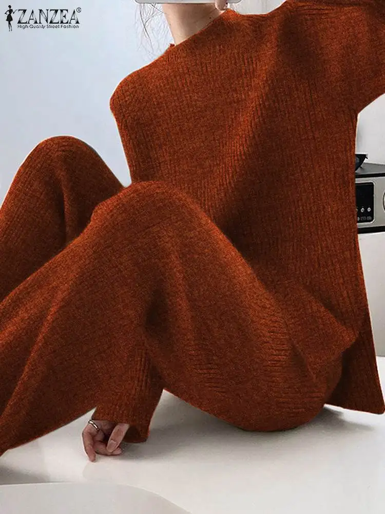 ZANZEA-chándal de 2 piezas para mujer, Blusa de manga larga, pantalones de pierna ancha, conjuntos sólidos sueltos a juego, trajes de punto informales, moda de otoño