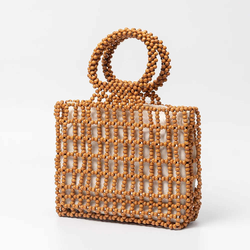 

Customized Wooden Bead Bags Fashion Handmade Design Woven Handbag New Leisure Vacation Beach Solid Color Hollow Women's Bag
