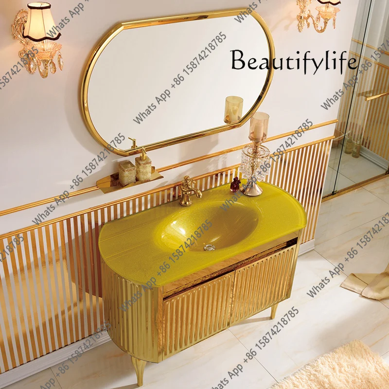 J European Style Golden Hand Wash Bathroom Cabinet Combination American Bathroom Cabinet Stainless Steel Washstand Floor Wash Ba