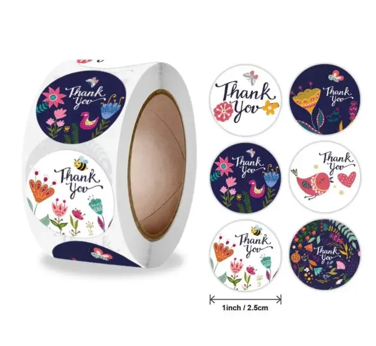 500pcs/roll Round Floral Thank You Sticker for Seal Label Cute Holiday Happy Gift Packaging Stationery Sticker 4