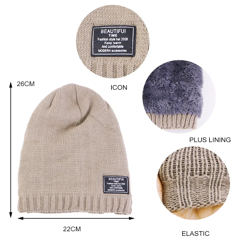 Unisex Slouchy Beanie Hat Fleece Lined Thick Knitted Warm Patch Label Winter Casual Skull Cap for Men Women