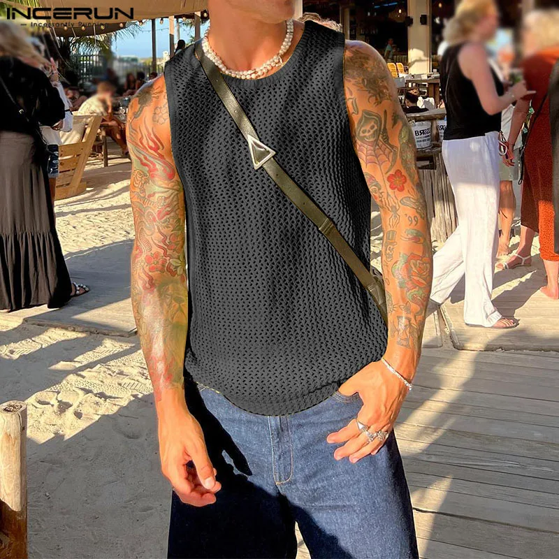 Men Tank Tops Transparent O-neck Sleeveless Sexy Hollow Out Solid Color Streetwear 2024 Male Vests Fashion Men Clothing INCERUN