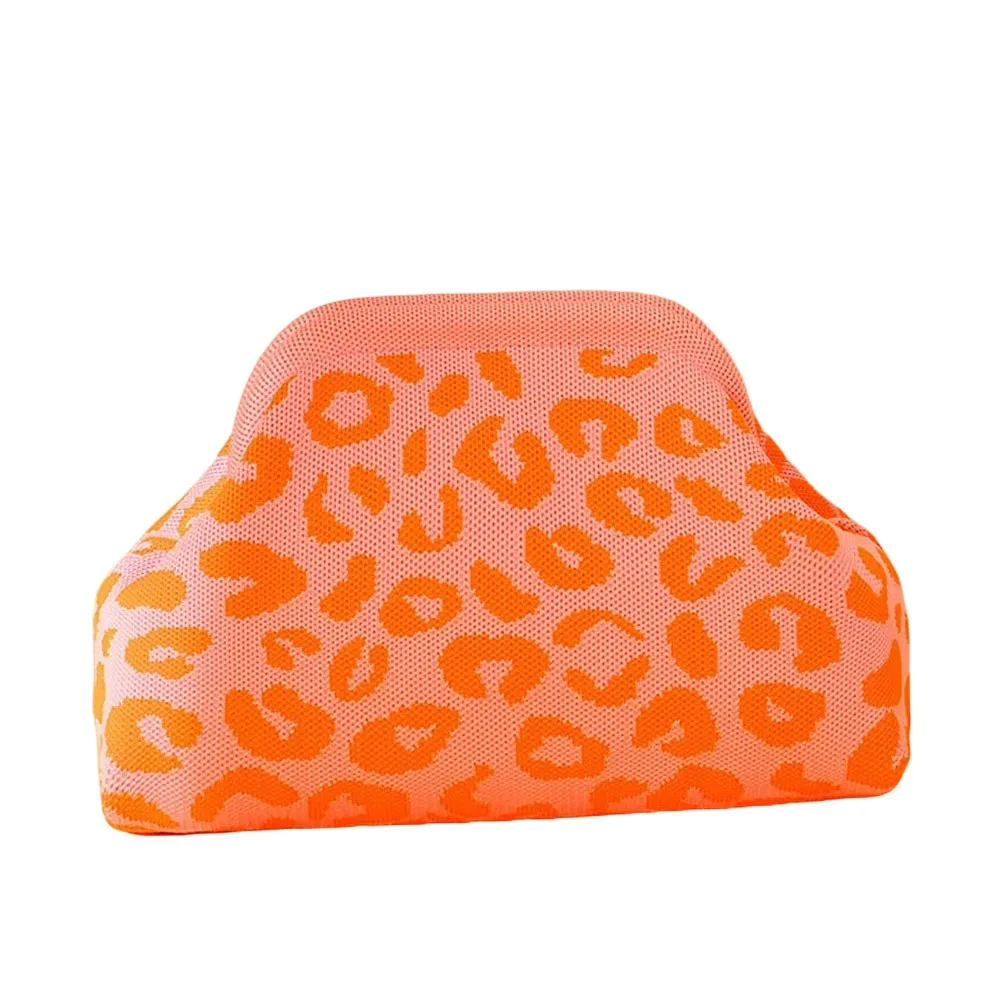 Fashion Polyester Clutch Bag Leopard Print Knitted Fabric Clip Bag Large Capacity Clip Closure Hand Bag Shopping