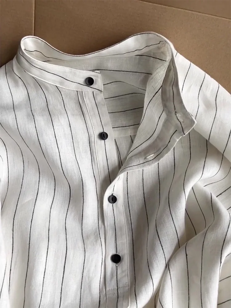 เสื้อไหมทรงตรง แขนยาว ลายทาง คอตั้ง ทรงหลวม สไตล์เกาหลี ดีไซน์เรียบง่าย ใส่ได้หลายโอกาส สำหรับผู้หญิง ฤดูใบไม้ร่วง