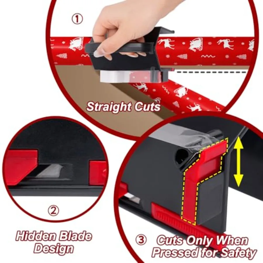 Outil d'emballage cadeau à double usage avec 4 bandes et 2 lames de rechange pour emballage de noël, d'anniversaire et de vacances, conception de tubes à trancher coulissants