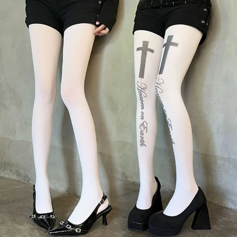 

Cross Letter Print Pantyhose Tights Gothic Punk Graffiti Letter Print Leggings for Women Y2K Style Harajuku Slim Fit Long Socks