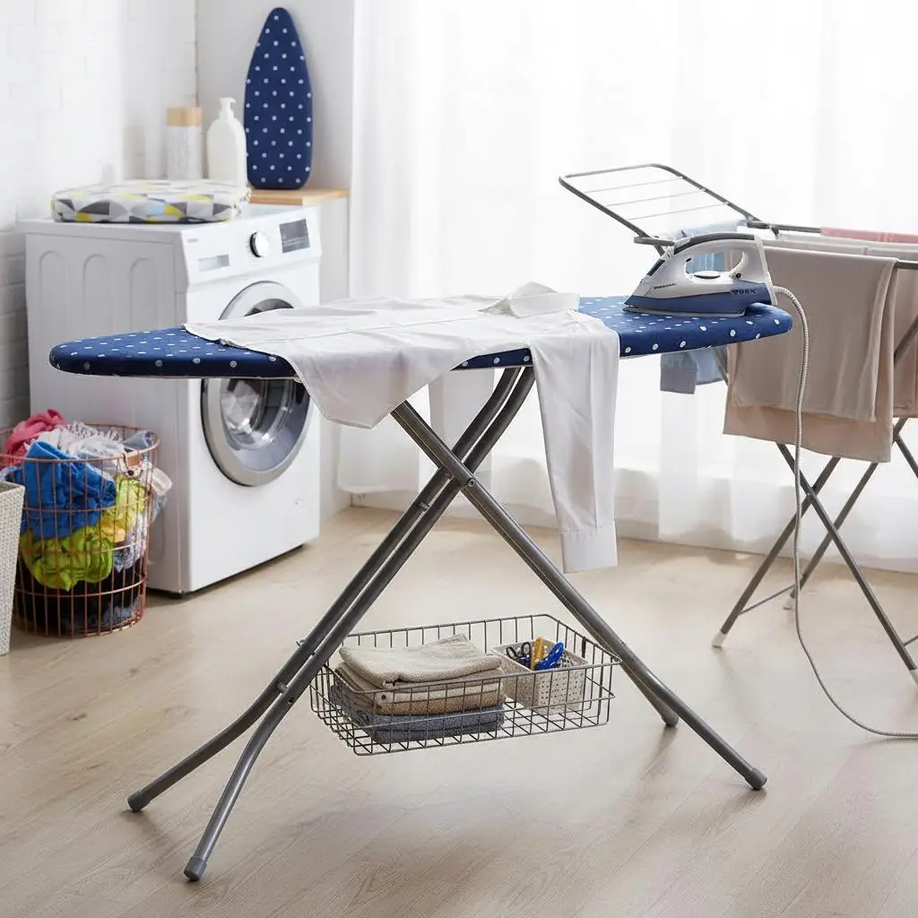 

Гладильный стол 55x15 дюймов для дома, прачечной, спальни, с регулируемой по высоте нижней полкой, 4-слойной подкладкой, чехлом из 100% хлопка, металлический каркас