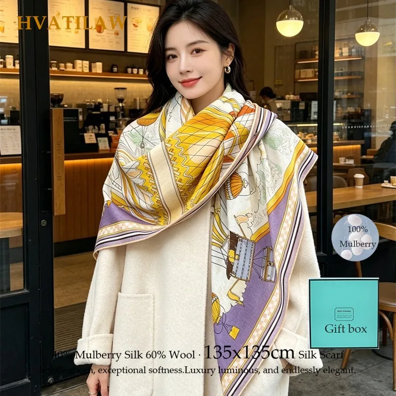 

Fashion 135x135cm Silk Wool Scarf Women 40% Silk 60% Wool Large Square Shawl Designer Autumn Winter Warm Wrap Pashmina Bandana