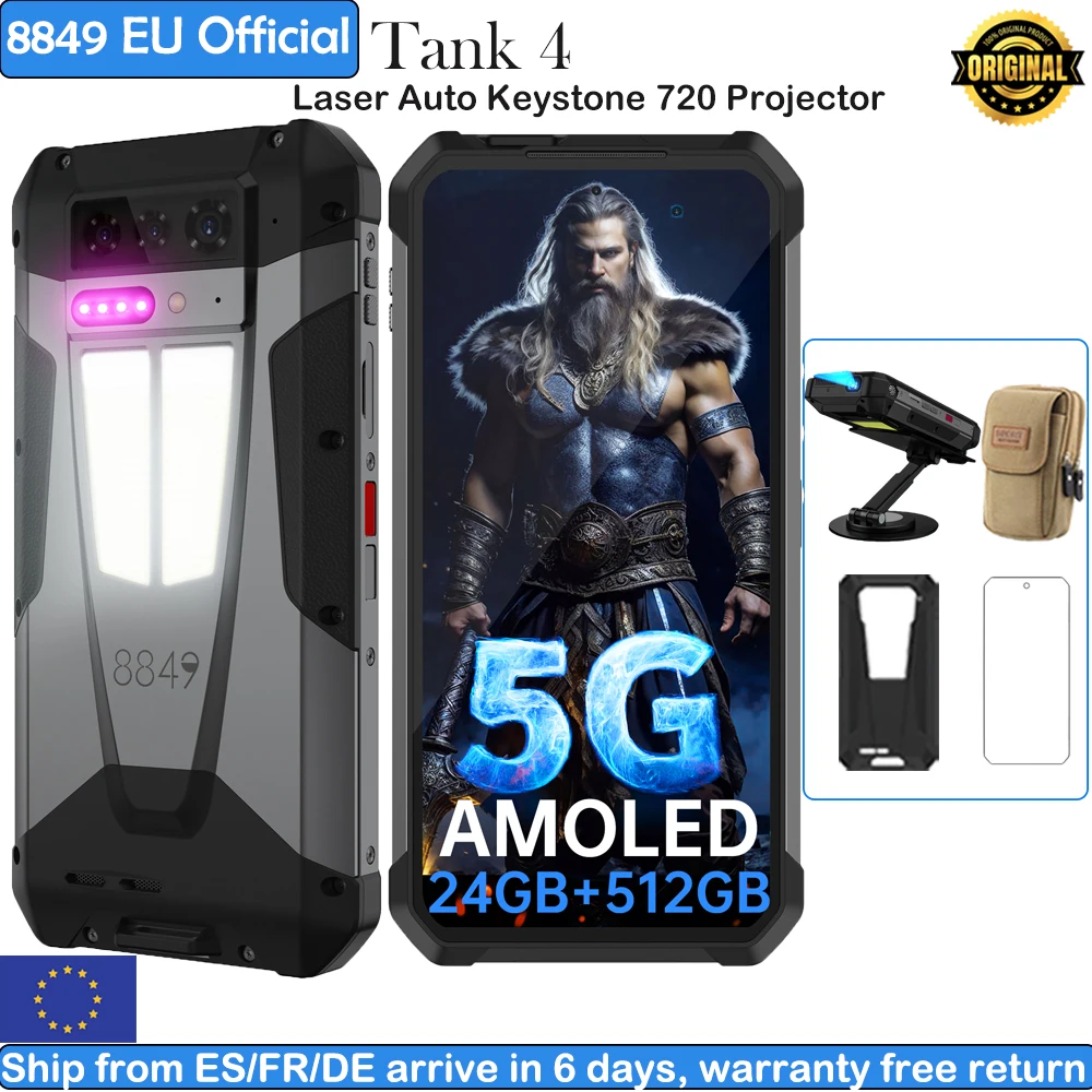 8849 Tank 4 Unihertz projecteur Smartphone robuste 720P 100 Lumens 6.78 ''AMOLED 512G Android14 11600mAh 5G dimension 7300 120Hz