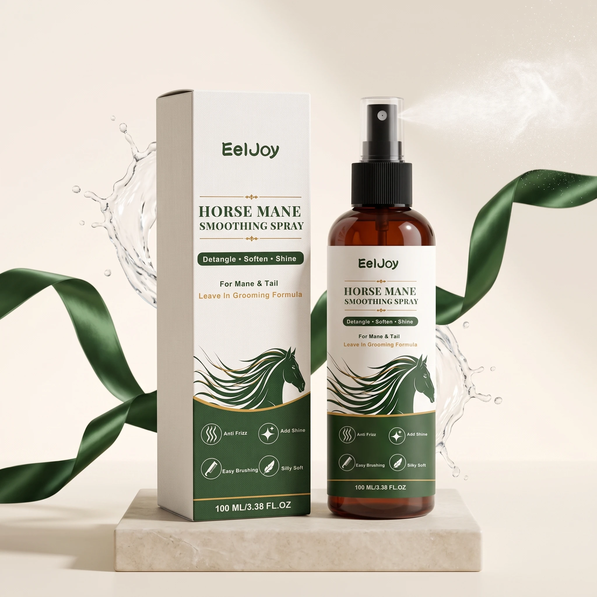 EelJoy Horse Mane Smoothing Spray 100ml Leave-in Horse Grooming Spray Detangle Anti Frizz Add Shine Soften Horse Mane Tail Care