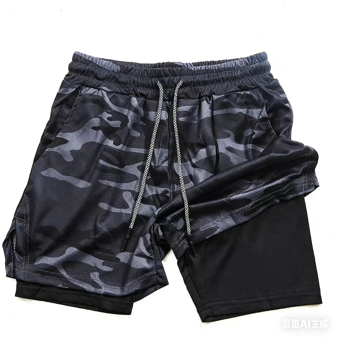 

2026 New Double-Layer Lined Camouflage Shorts for Men, Quick-Drying Elastic Fitness Running Pants