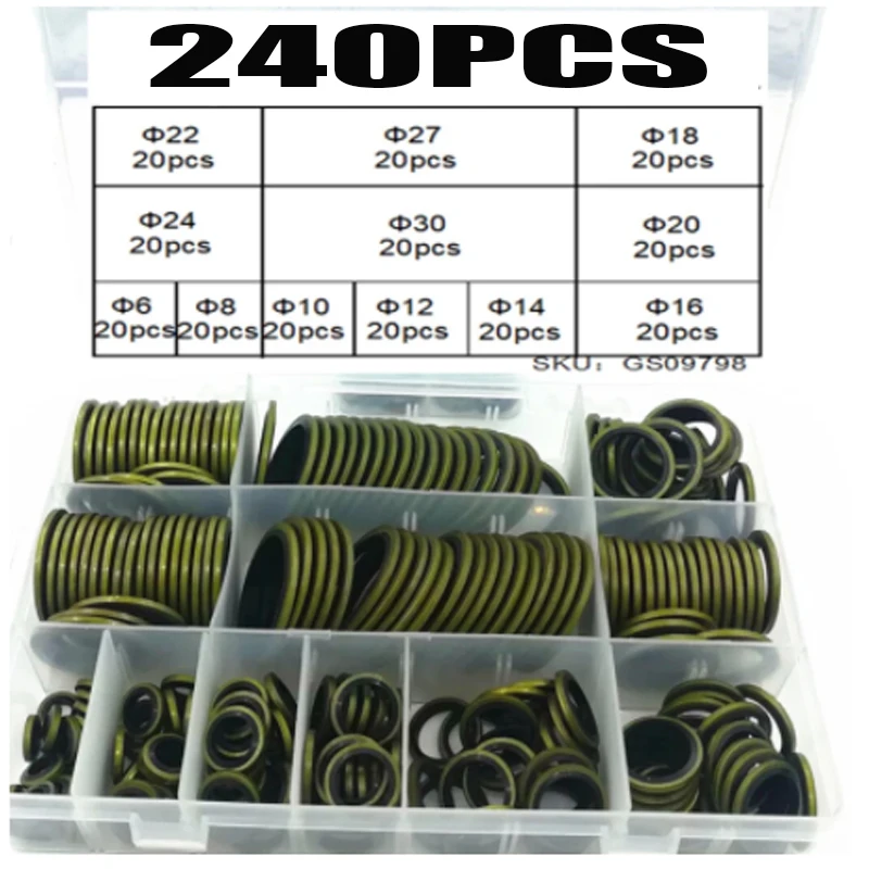 240pcs Hydraulic Rubber Bonded Washer Oil Drain Plug Gasket Set High Pressure Metal Sealing Ring Kit for Automotive Engine