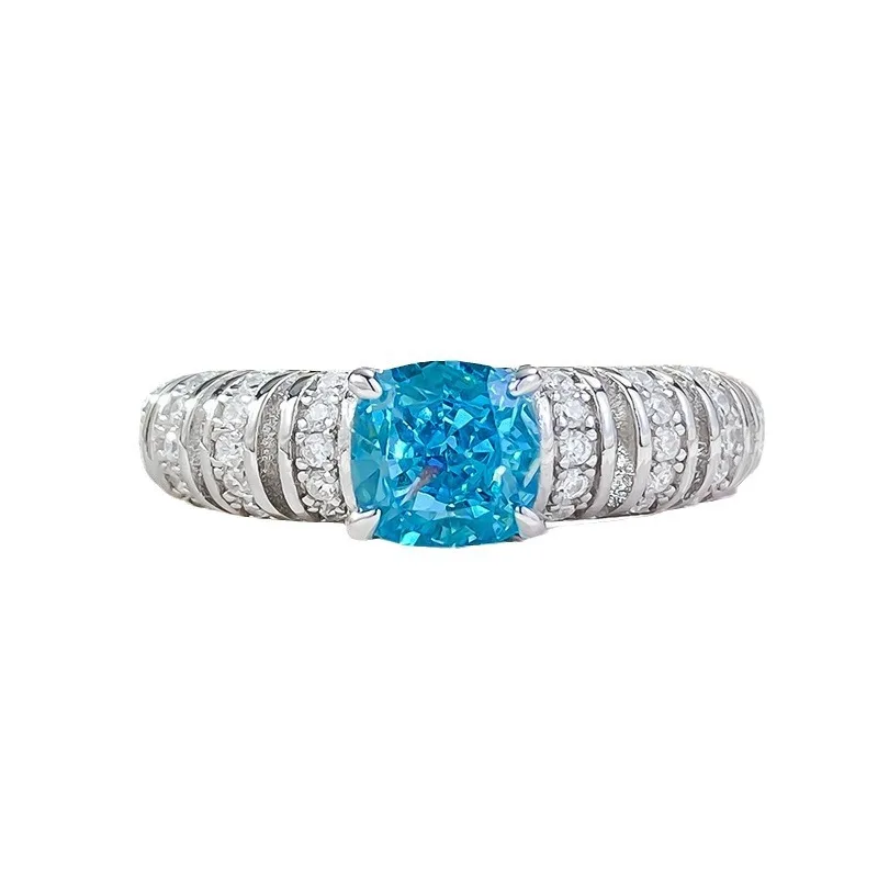 S925 Silver Ring New High Carbon Ring Full body 925 Set with 6 * 6 Paraiba European and American Light Luxury Ring