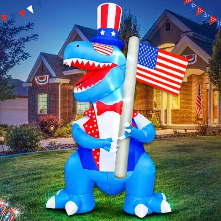 

Outdoor 4th of July inflatable dinosaur decoration, PVC material, red-white-blue color scheme, built-in LED lights for garden,