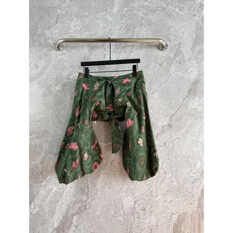 Green Botanic Print Embroidery Beading Mini Skirt Off The Shoulder Blouses Tops Sets Quality Highest Linen 2025