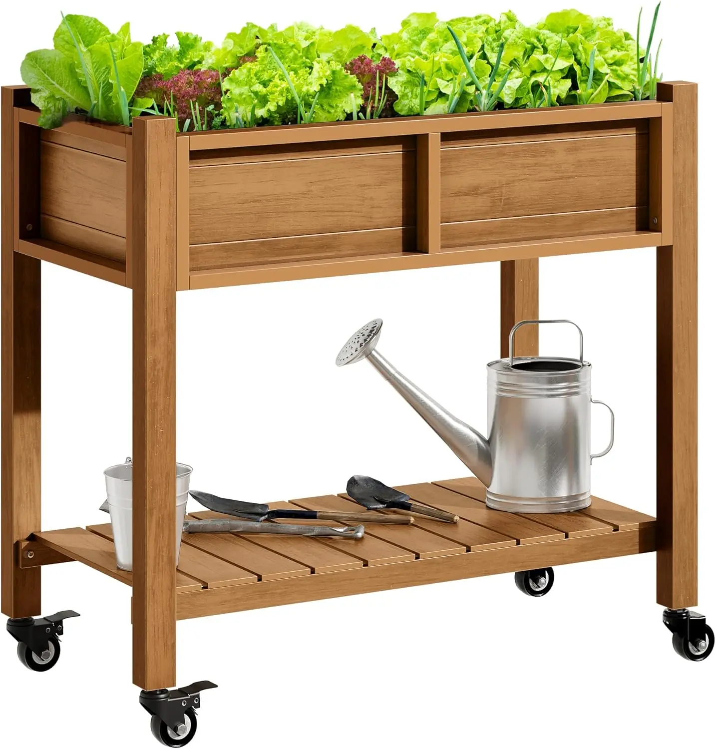 

Raised Garden Bed, Outdoor Planter Box, Small Flower Box with Double-Layer, 4 Swivel Casters and Built-in Drain Holes, Ideal for