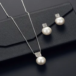 2 PCS Imitation Pearl Pendant Women Necklace Earring Stud Set Silver Color Snake Chain Square Metal Full Crystal Jewelry Set