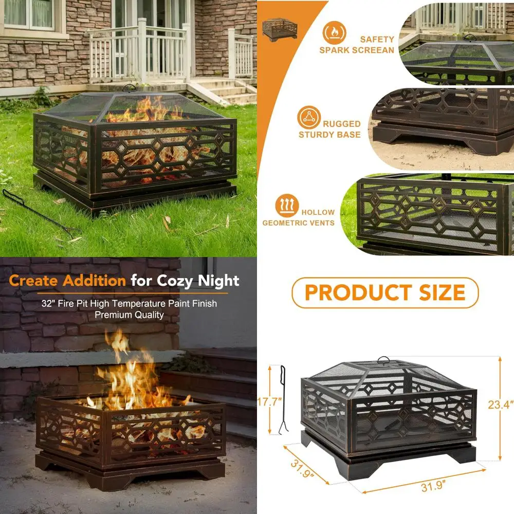 

Большая квадратная уличная древесная костра с сетчатой крышкой и огненным покером, 32-дюймовый металлический камин для использования на патио