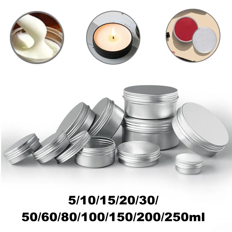 5ml-250ml Cosmetic Aluminum Cans Face Cream Aluminum Boxes Silver Tins Cans Screw Top Round Candle Spice Tins Cans Lid Container