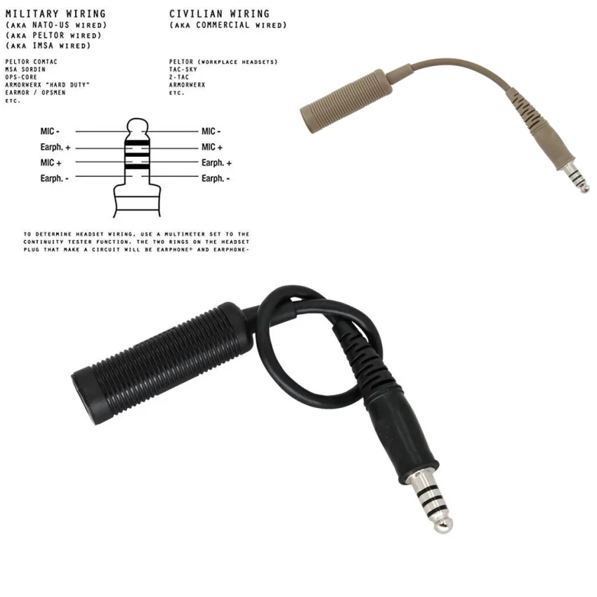 TS TAC-SKY Tactical Headset PTT Adapter Cable Military Standard 7.0mm Plug  for U-174 NATO/Military to Civilian Wire Plug