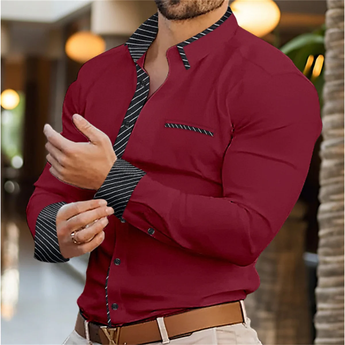 Men's Shirt Autumn Patchwork Stripe Design Breast Pocket Business Leisure Office High Quality Cardigan Long Sleeve