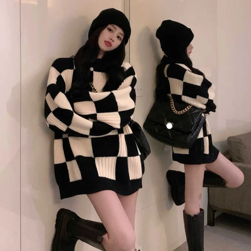 

Women Black Clothing Vintage Knitting Sweater Latticed Long Sleeve Casual Korean Fashion Baggy Female 2023 Winter Short Tops